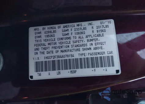 2010 Honda Accord 2.4 Lx z USA, uszkodzony, nr VIN 1HGCP2F39AA079154